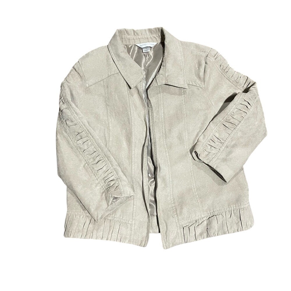 Christopher & Banks Womens Tan Faux Suede Ruffle Zip Front Jacket Beige Medium